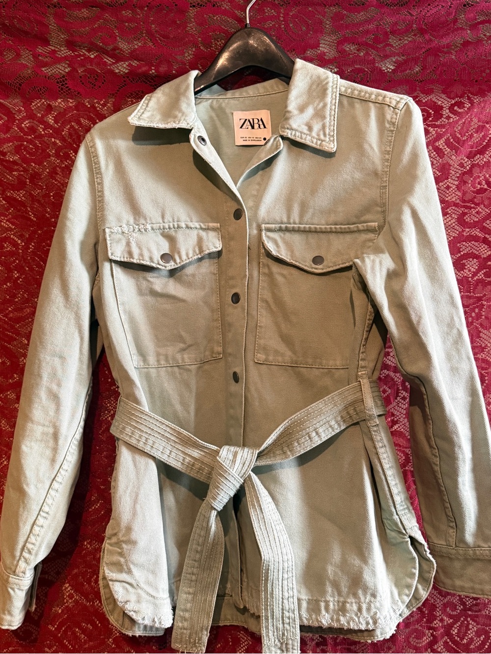 Zara Light Blue Belted Denim Shacket Jacket - Extra Small (XS)